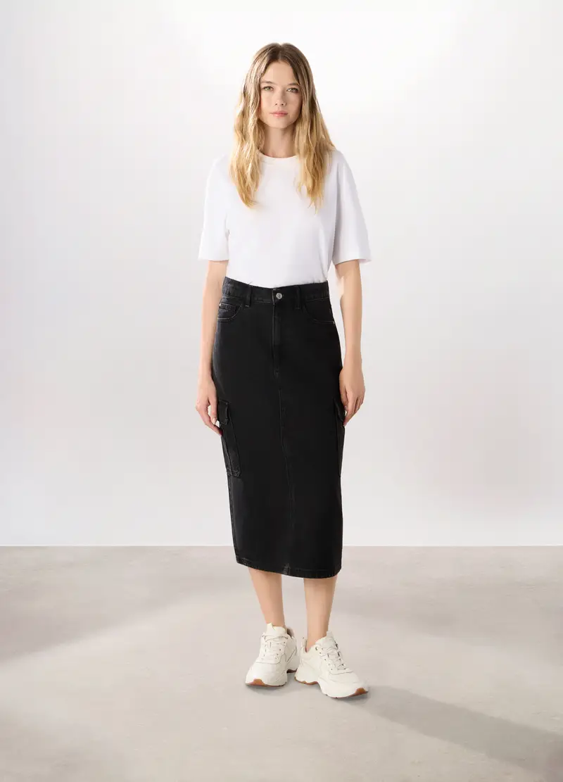 Gonna Lunga In Denim Di Puro Cotone Donna, Nero