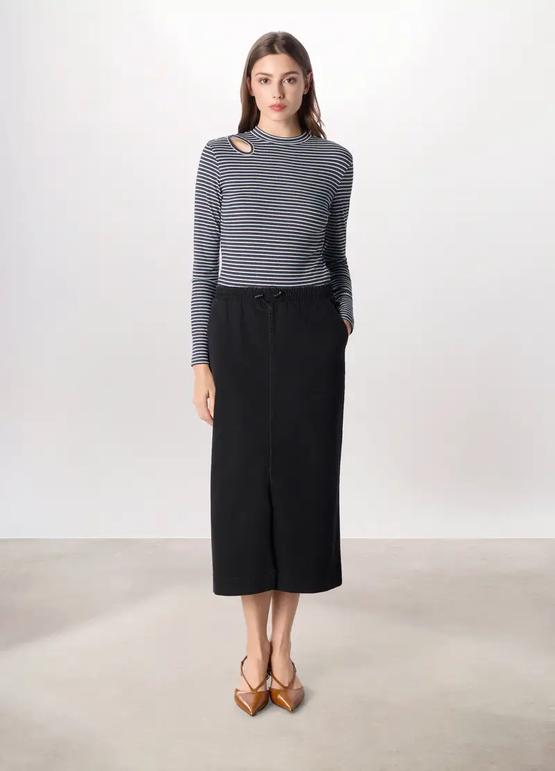 Gonna Lunga In Denim Misto Cotone Donna, Nero