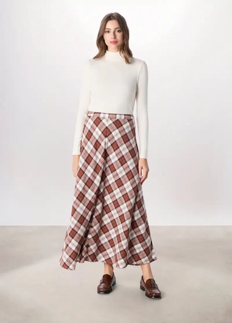 Gonna Lunga In Flanella Di Puro Cotone Donna, Bianco/Marrone