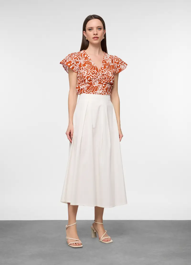 Gonna Lunga In Popeline Di Puro Cotone Donna, Bianco panna