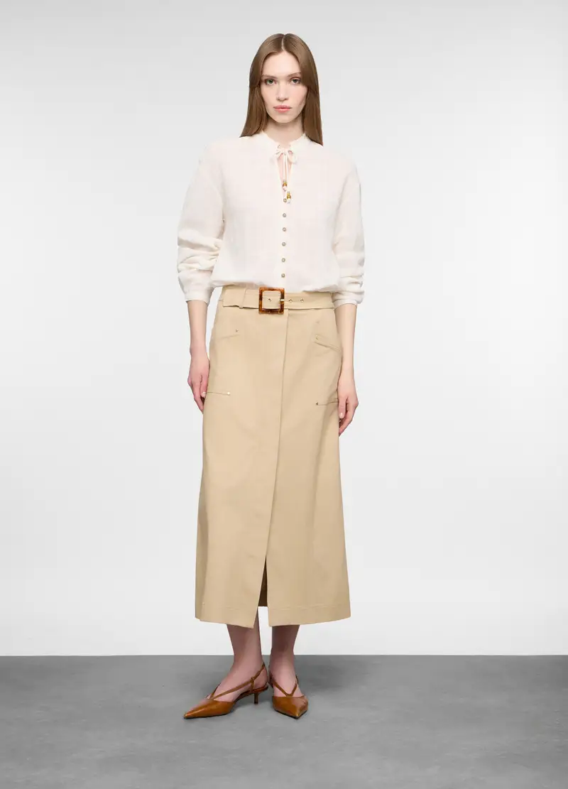 Gonna Lunga In Twill Di Cotone Stretch Donna, Beige chiaro