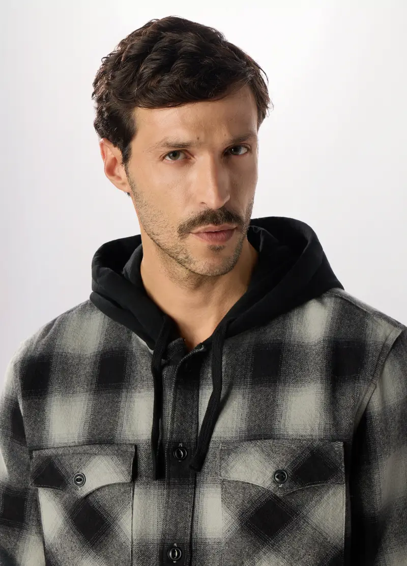 Camicia In Flanella Con Cappuccio Uomo, Nero/Grigio miniatura 3