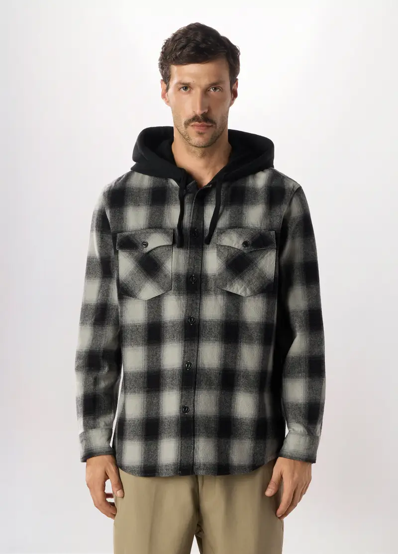 Camicia In Flanella Con Cappuccio Uomo, Nero/Grigio