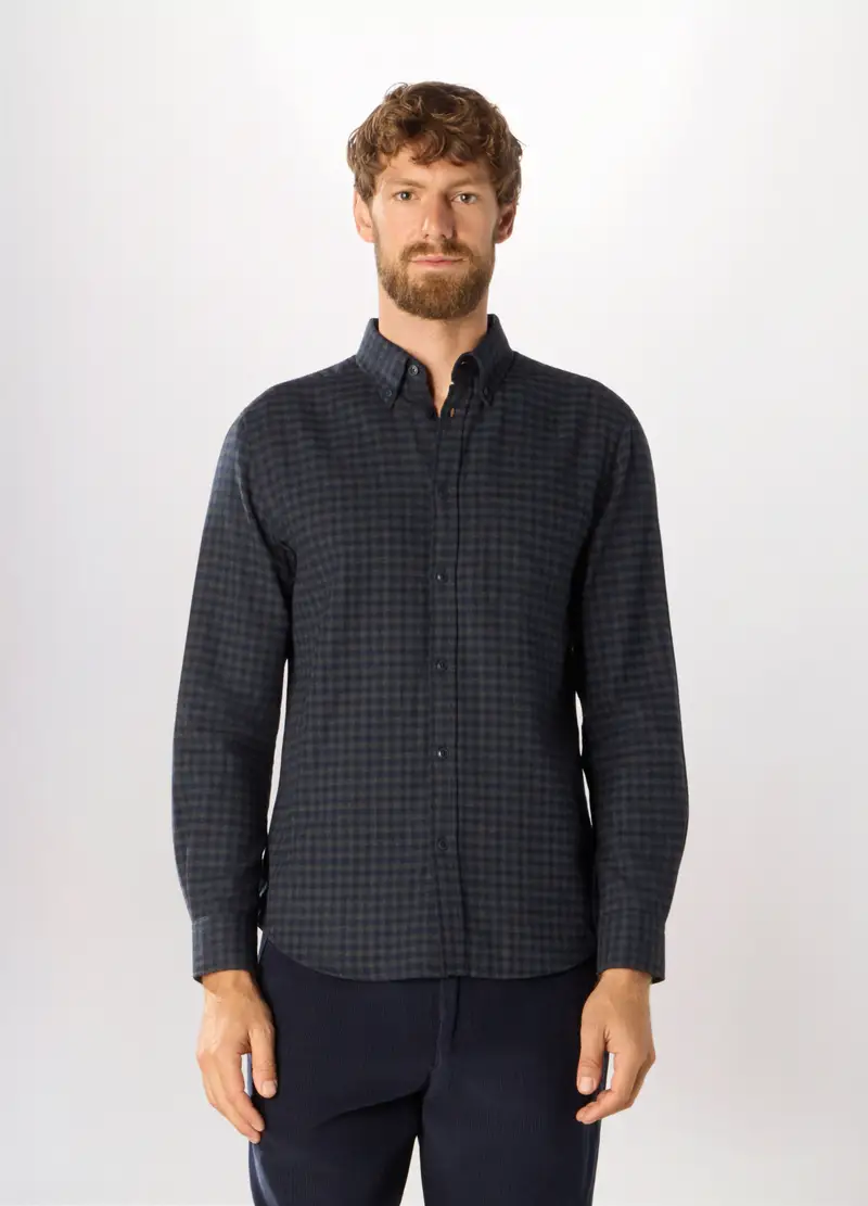 Camicia In Flanella Misto Cotone A Quadri Uomo, Blu/Marrone