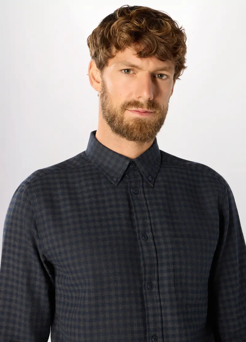 Camicia In Flanella Misto Cotone A Quadri Uomo, Blu/Marrone miniatura 3