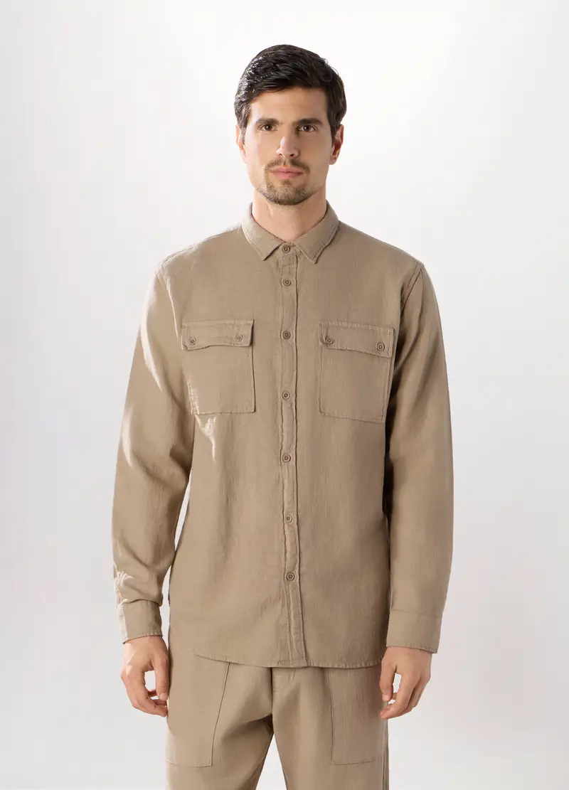Camicia In Tela Di Cotone Con Taschini Uomo, Marrone ecru