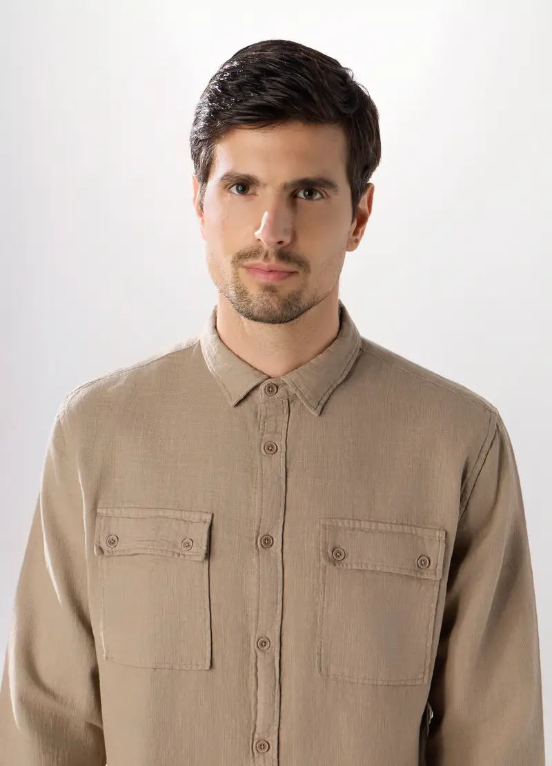 Camicia In Tela Di Cotone Con Taschini Uomo, Marrone ecru miniatura 3