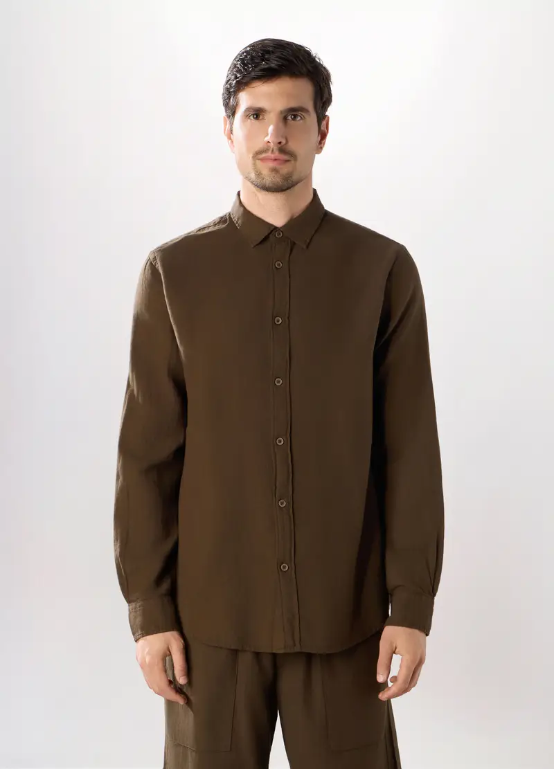 Camicia Regular Fit In Puro Cotone Uomo, Marrone scuro