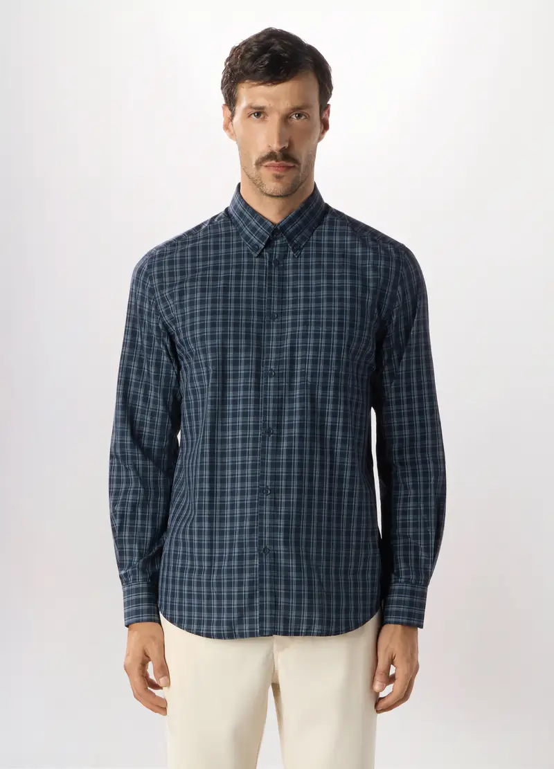 Camicia Slim Fit Con Colletto Button Down In Misto Cotone Uomo, Blu/Azzurro