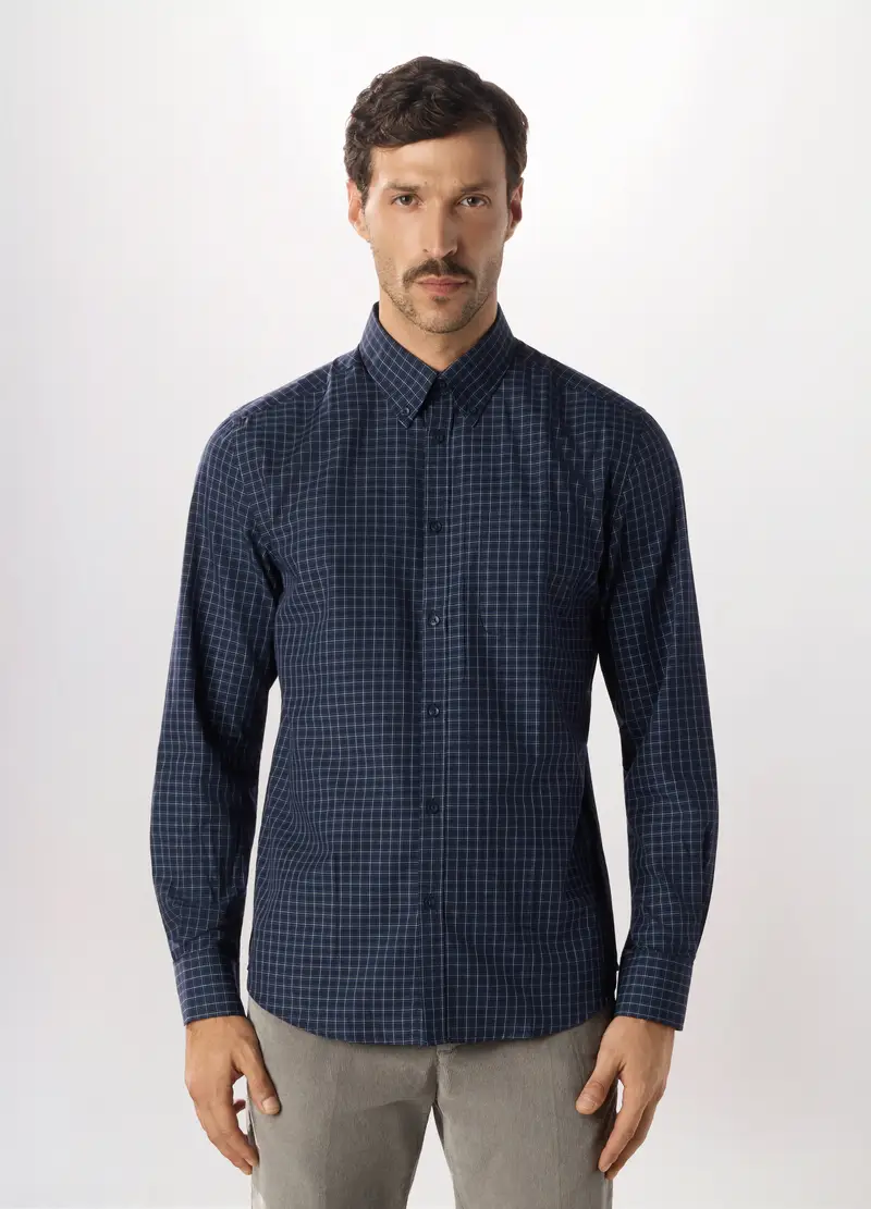 Camicia Slim Fit Con Colletto Button Down In Misto Cotone Uomo, Blu navy