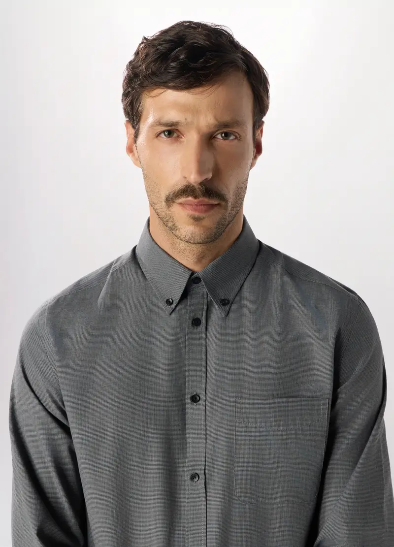 Camicia Slim Fit Con Colletto Button Down In Misto Cotone Uomo, Grigio antracite miniatura 3