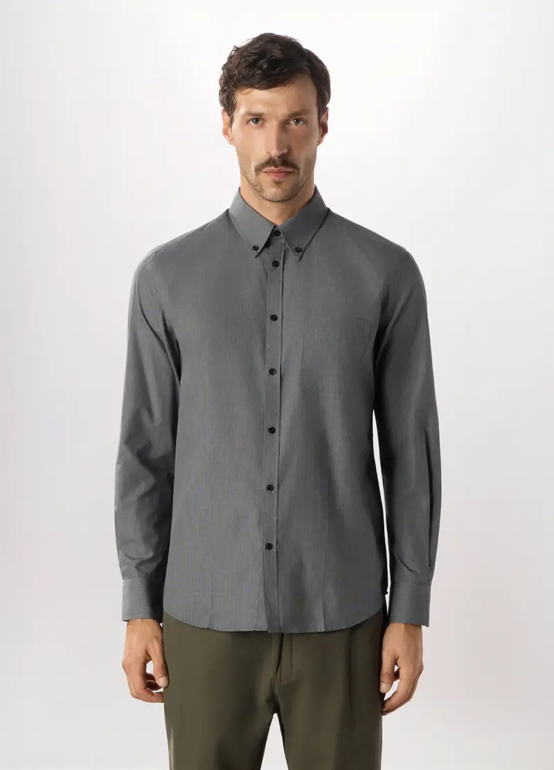 Camicia Slim Fit Con Colletto Button Down In Misto Cotone Uomo, Grigio antracite