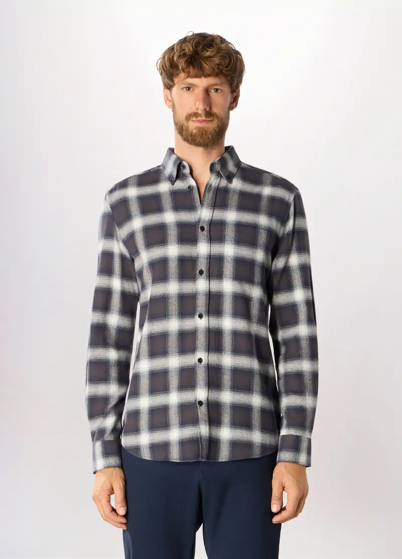 Camicia Slim Fit In Cotone A Quadri Uomo, Blu scuro