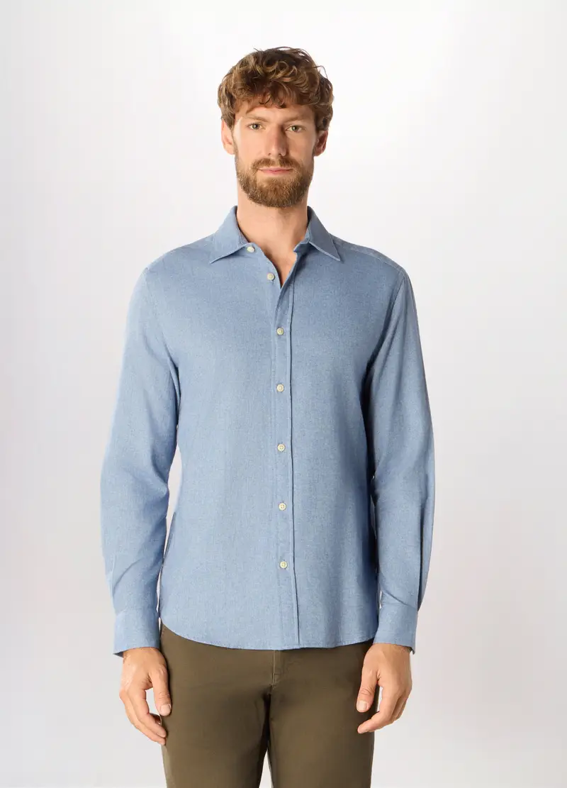 Camicia Slim Fit In Flanella A Lisca Di Pesce Uomo, Azzurro oxford