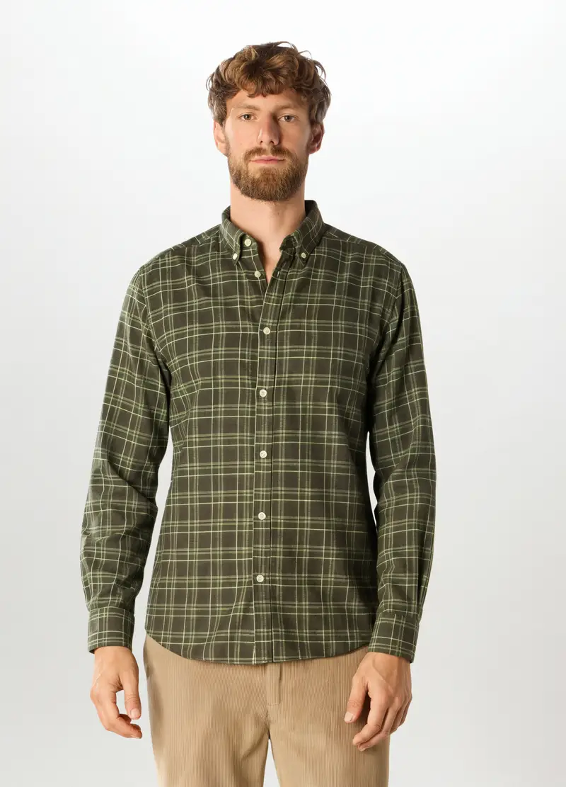 Camicia Slim Fit In Flanella A Quadri Uomo, Verde scuro