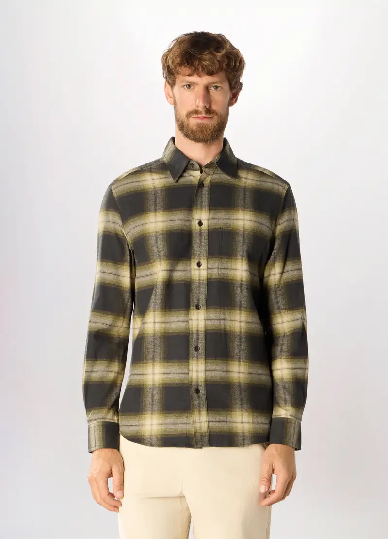 Camicia Slim Fit In Flanella Di Cotone Uomo, Giallo/Grigio