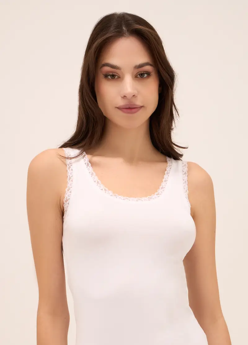UPIM HB, Canotta In Cotone Stretch Con Pizzo Donna, Bianco gesso, Taglia: S miniatura 2