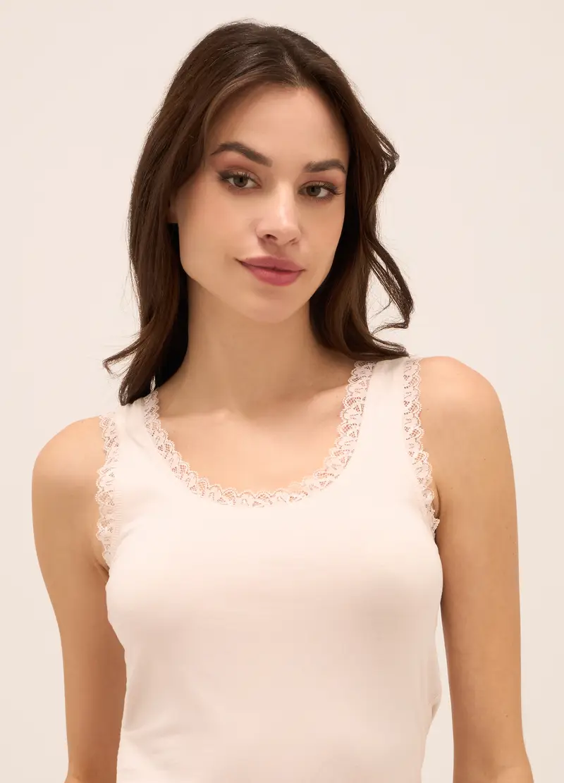 UPIM HB, Canotta In Cotone Stretch Con Pizzo Donna, Bianco latte, Taglia: S miniatura 2
