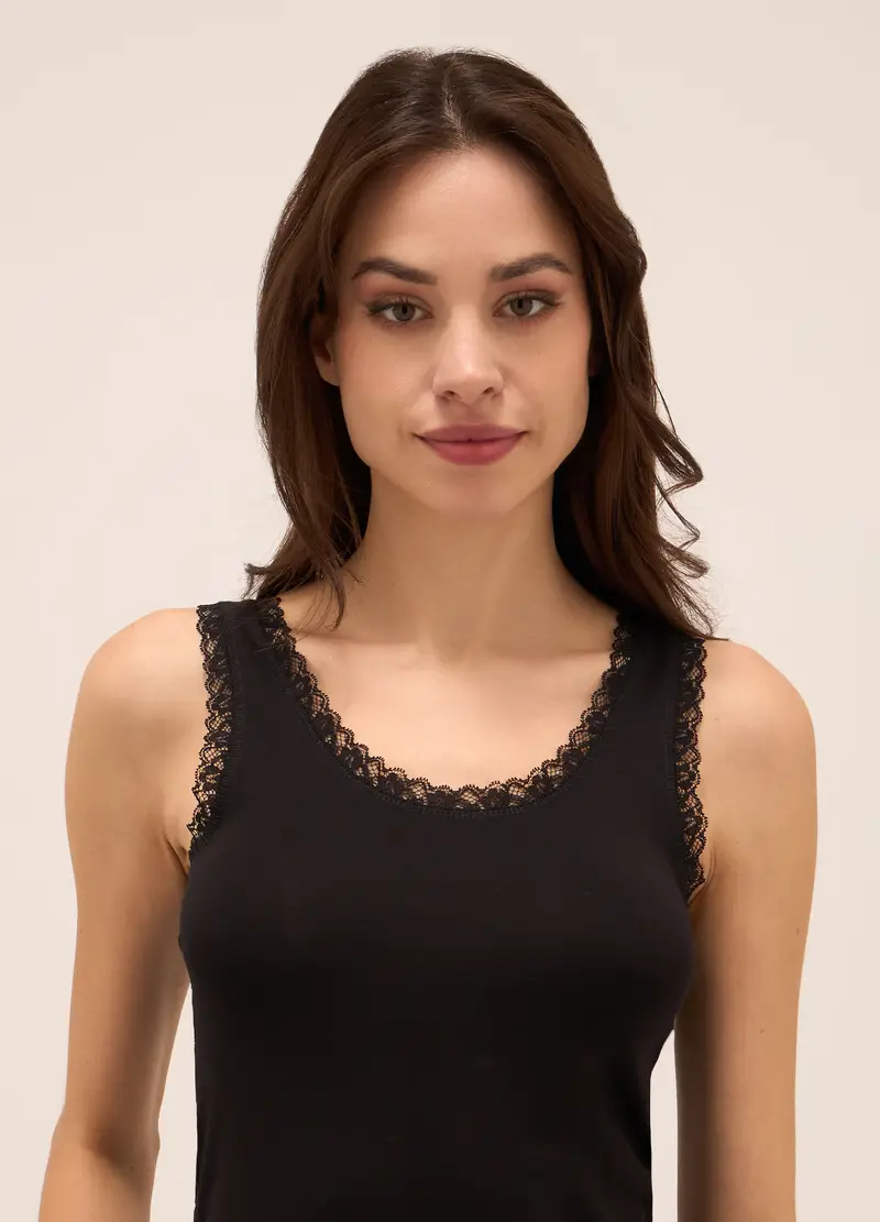 UPIM HB, Canotta In Cotone Stretch Con Pizzo Donna, Nero, Taglia: S miniatura 2