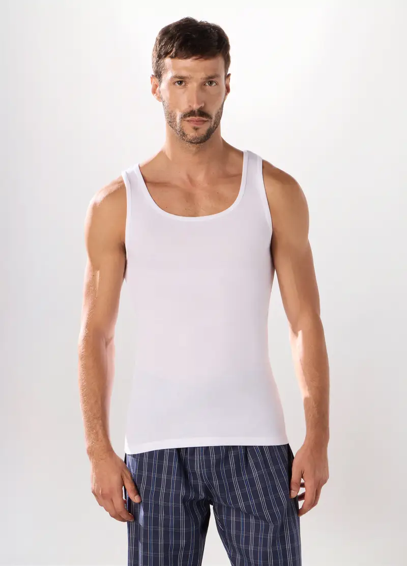 Canotta In Puro Cotone A Costine Uomo, Bianco ottico