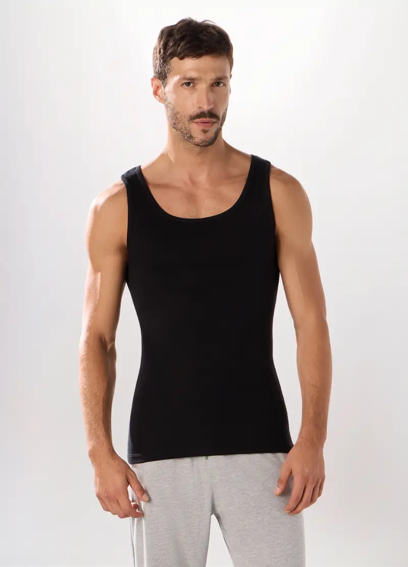 Canotta In Puro Cotone A Costine Uomo, Nero