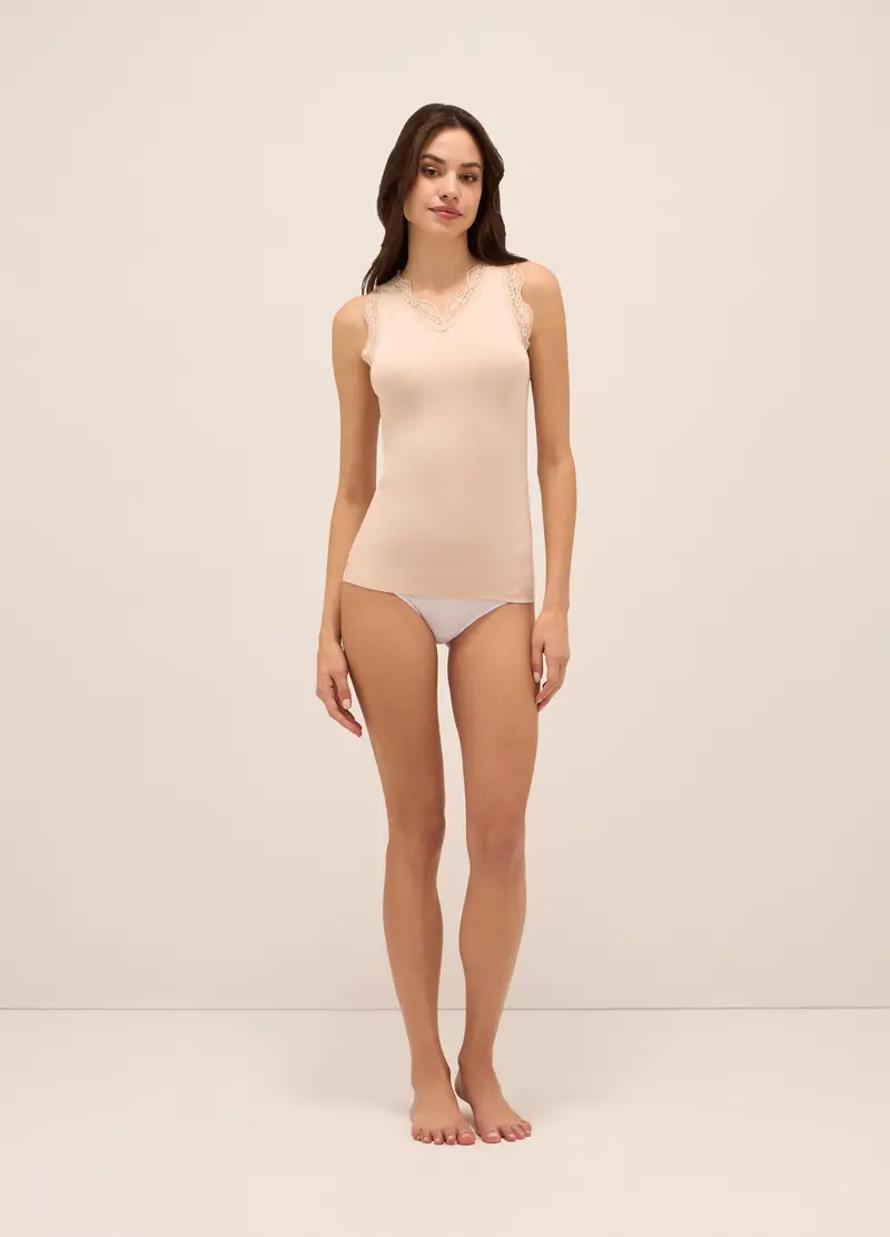 Canotta In Viscosa Stretch Con Pizzo Donna, Beige chiaro