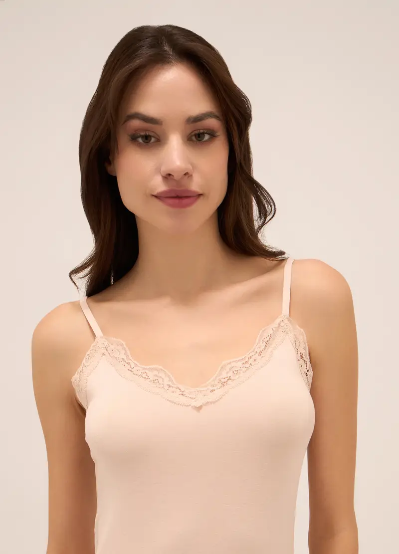 UPIM HB, Canotta In Viscosa Stretch Con Pizzo Donna, Beige chiaro, Taglia: S miniatura 2