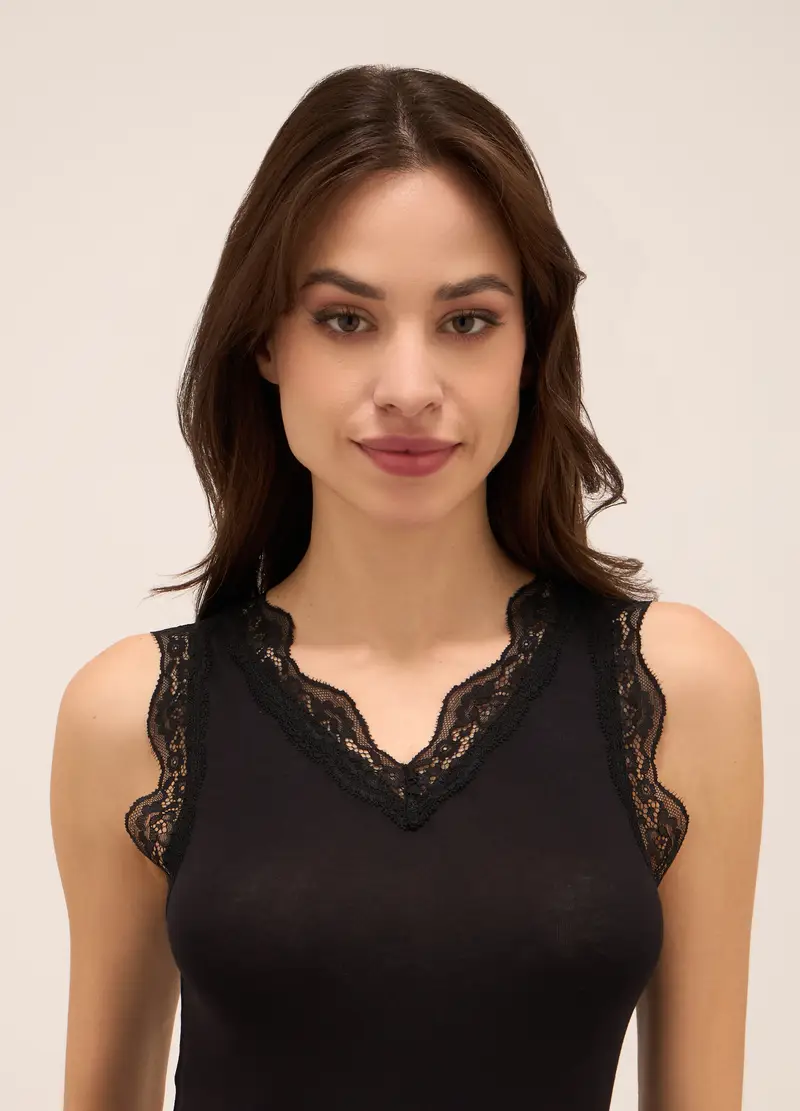 UPIM HB, Canotta In Viscosa Stretch Con Pizzo Donna, Nero, Taglia: S miniatura 2
