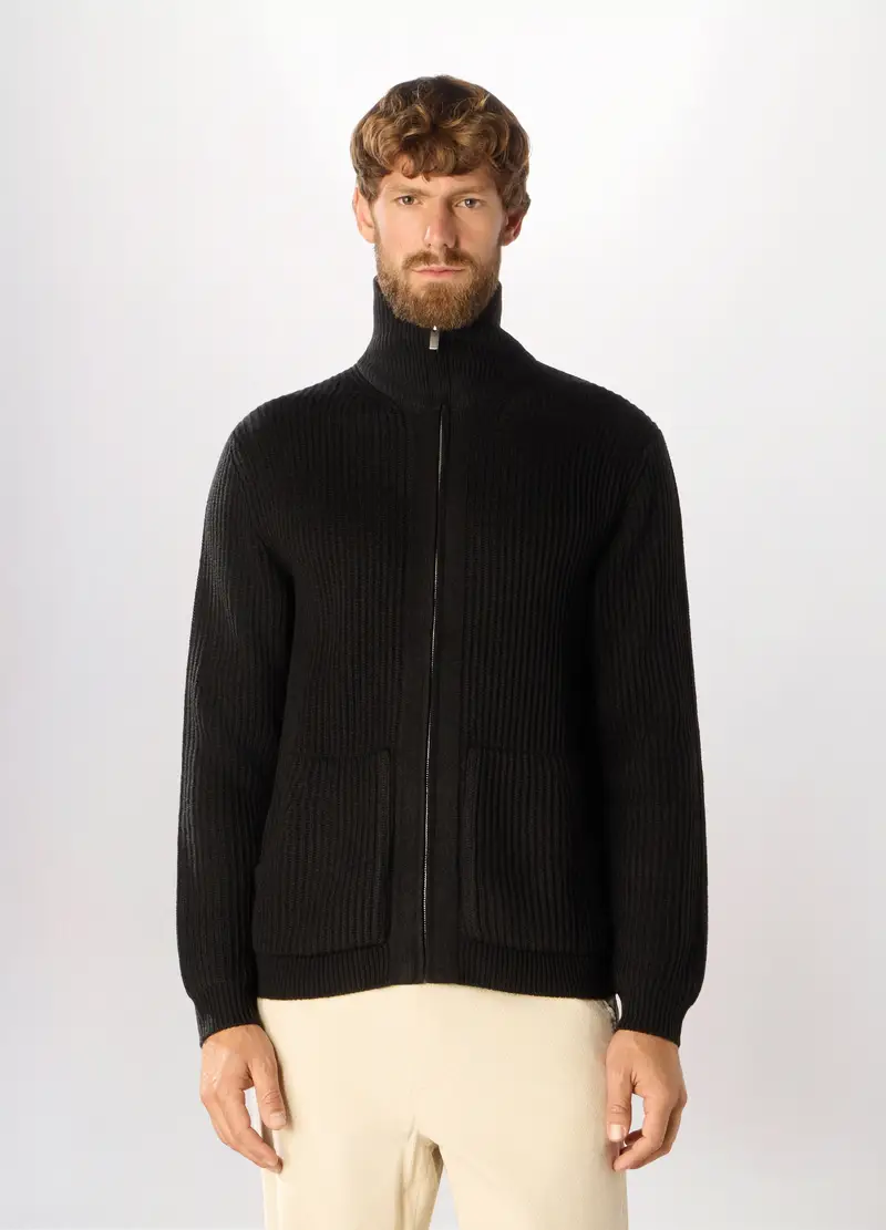 Cardigan A Costa Inglese Con Zip Uomo, Nero