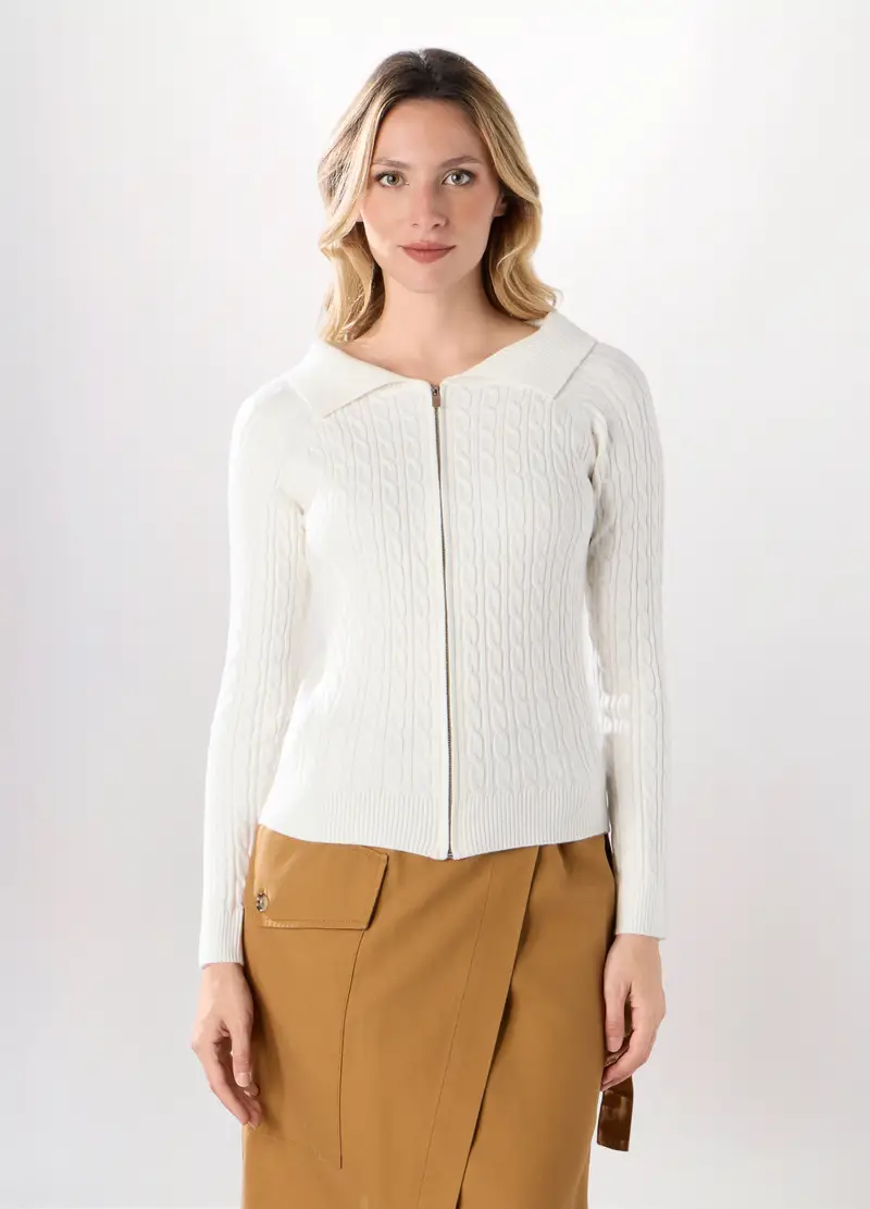 Cardigan Tricot Misto Viscosa Donna, Bianco panna