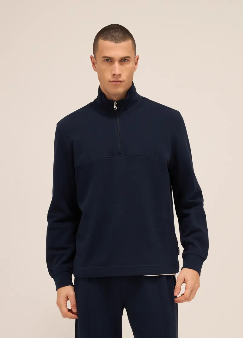 Felpa A Collo Alto Con Mezza Zip In Puro Cotone Uomo, Unisex, Blu scuro