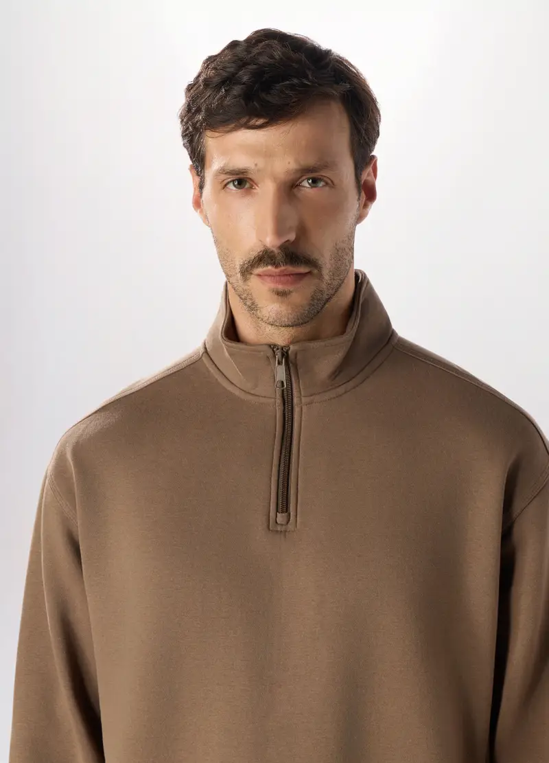 Felpa A Collo Alto Con Zip Uomo, Marrone ecru miniatura 3