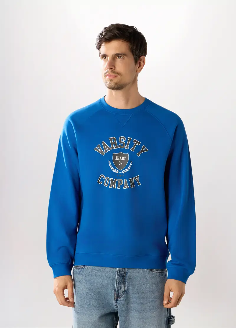 Felpa Girocollo In Cotone Con Stampa Uomo, Blu elettrico