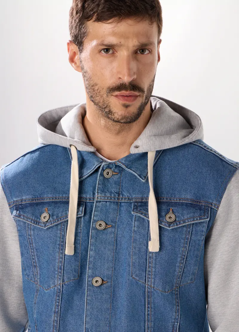 Felpa Ibrida Con Cappuccio Uomo, Grigio melange miniatura 3