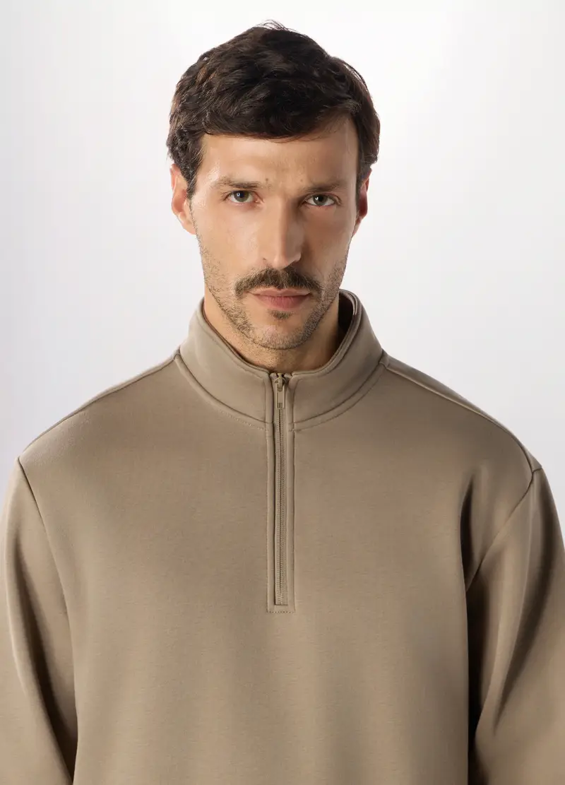 Felpa In Puro Cotone Con Zip Uomo, Beige chiaro miniatura 3