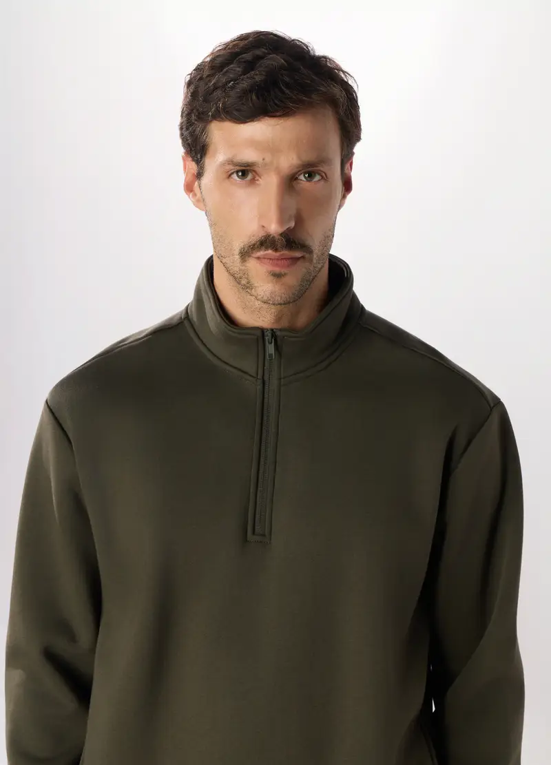 Felpa In Puro Cotone Con Zip Uomo, Marrone fango miniatura 3