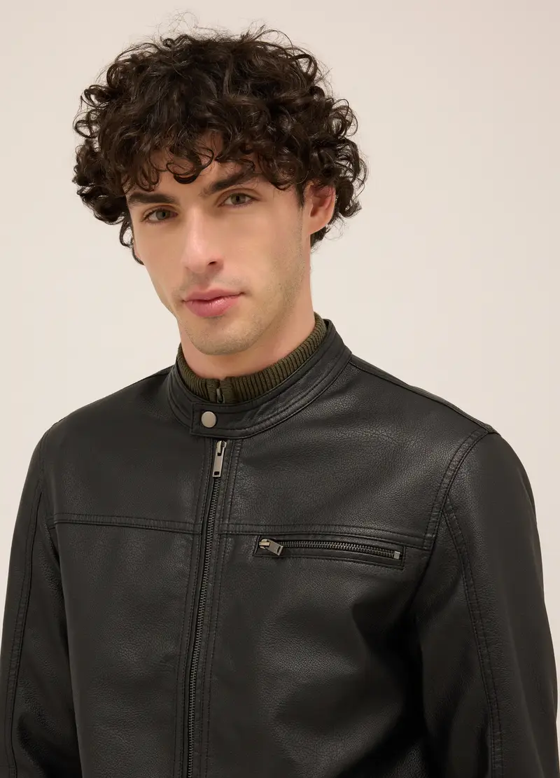 Giacca Biker In Ecopelle Uomo, Nero miniatura 3
