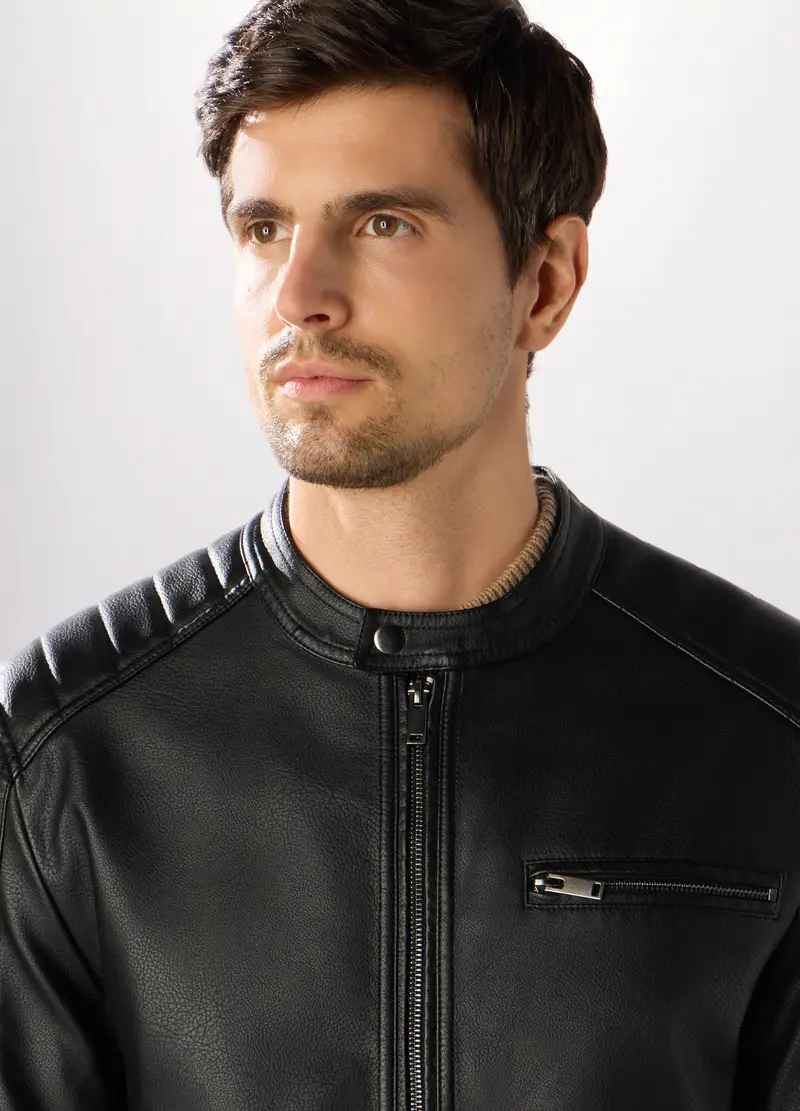 Giacca Biker In Ecopelle Uomo, Nero miniatura 3