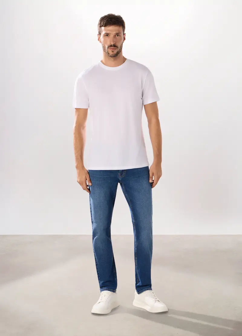 Jeans 5 Tasche In Denim Di Cotone Stretch Uomo, Azzurro scuro