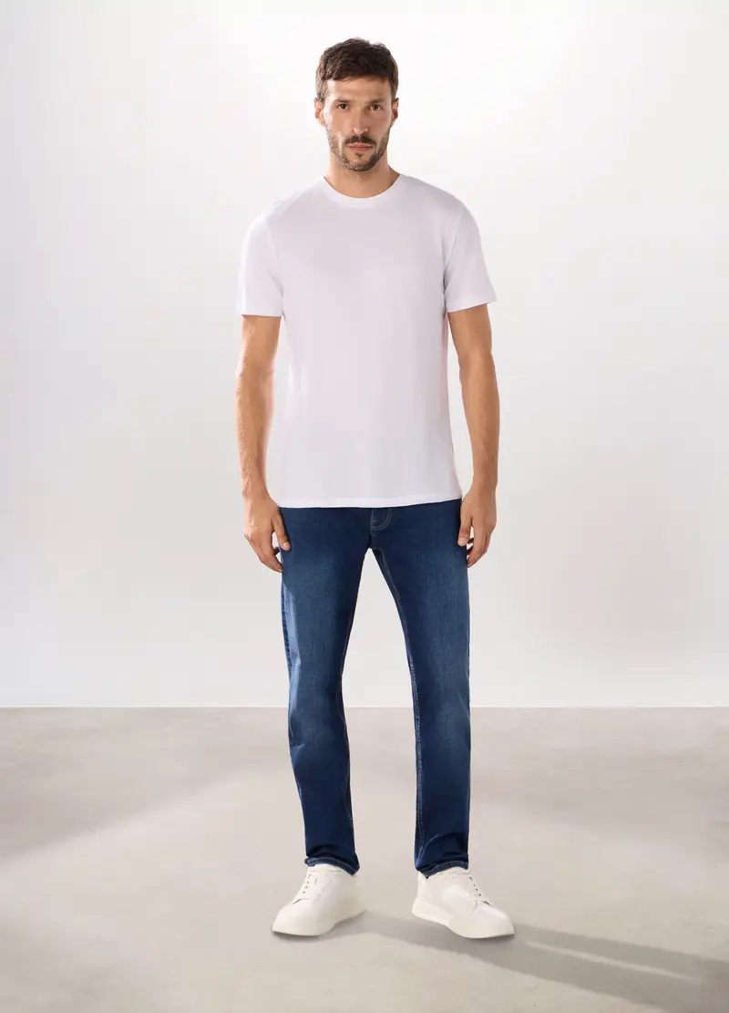 Jeans 5 Tasche In Denim Di Cotone Stretch Uomo, Blu denim