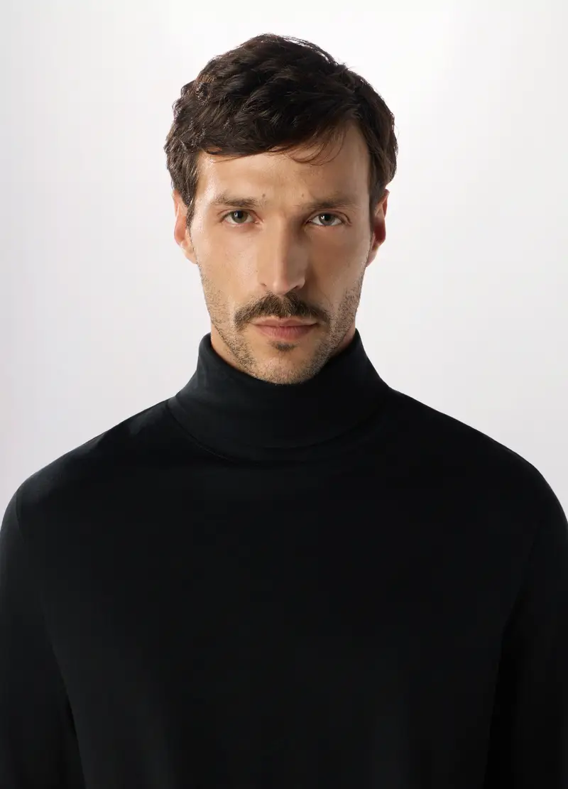 Maglia A Collo Alto In Puro Cotone Uomo, Nero miniatura 3