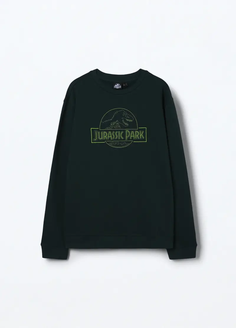 Maglia A Maniche Lunghe Con Stampa Jurassic Park In Cotone Uomo, Verde bosco