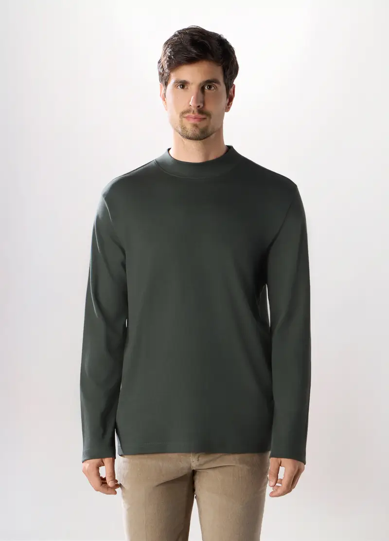 Maglia A Maniche Lunghe In Interlock Di Cotone, Uomo, Verde antracite