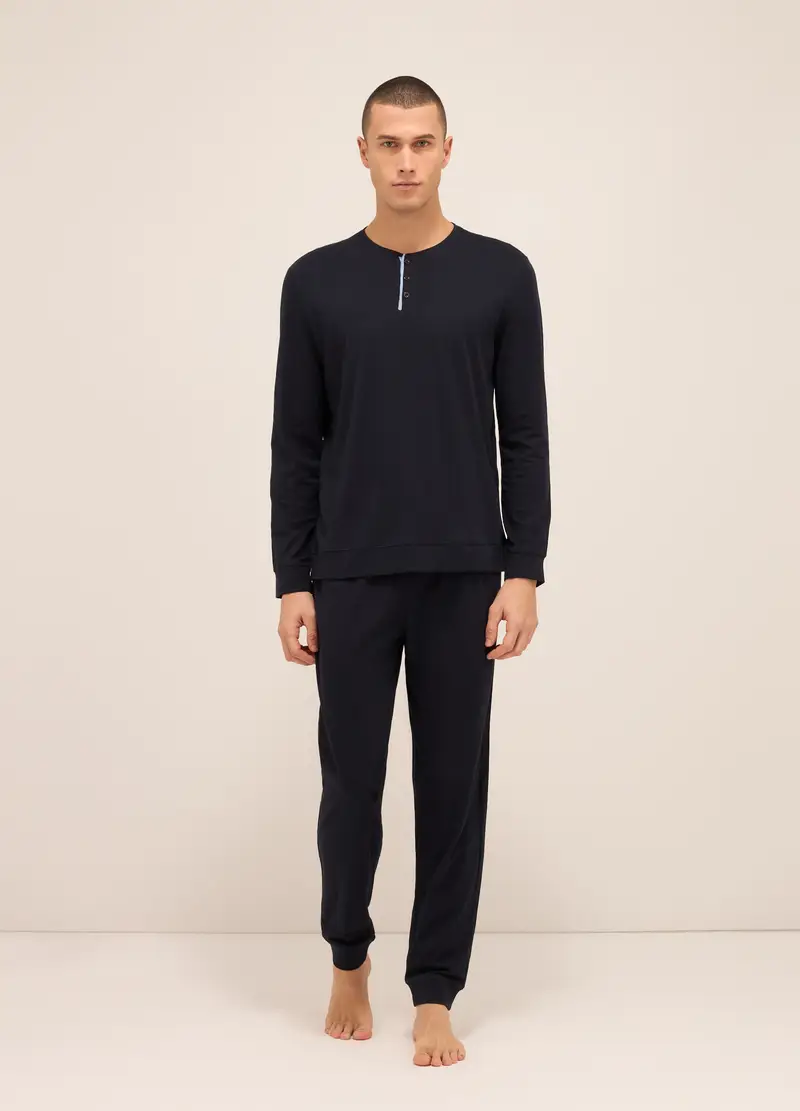 Maglia Del Pigiama A Serafino In Jersey Di Cotone Uomo, Blu scuro