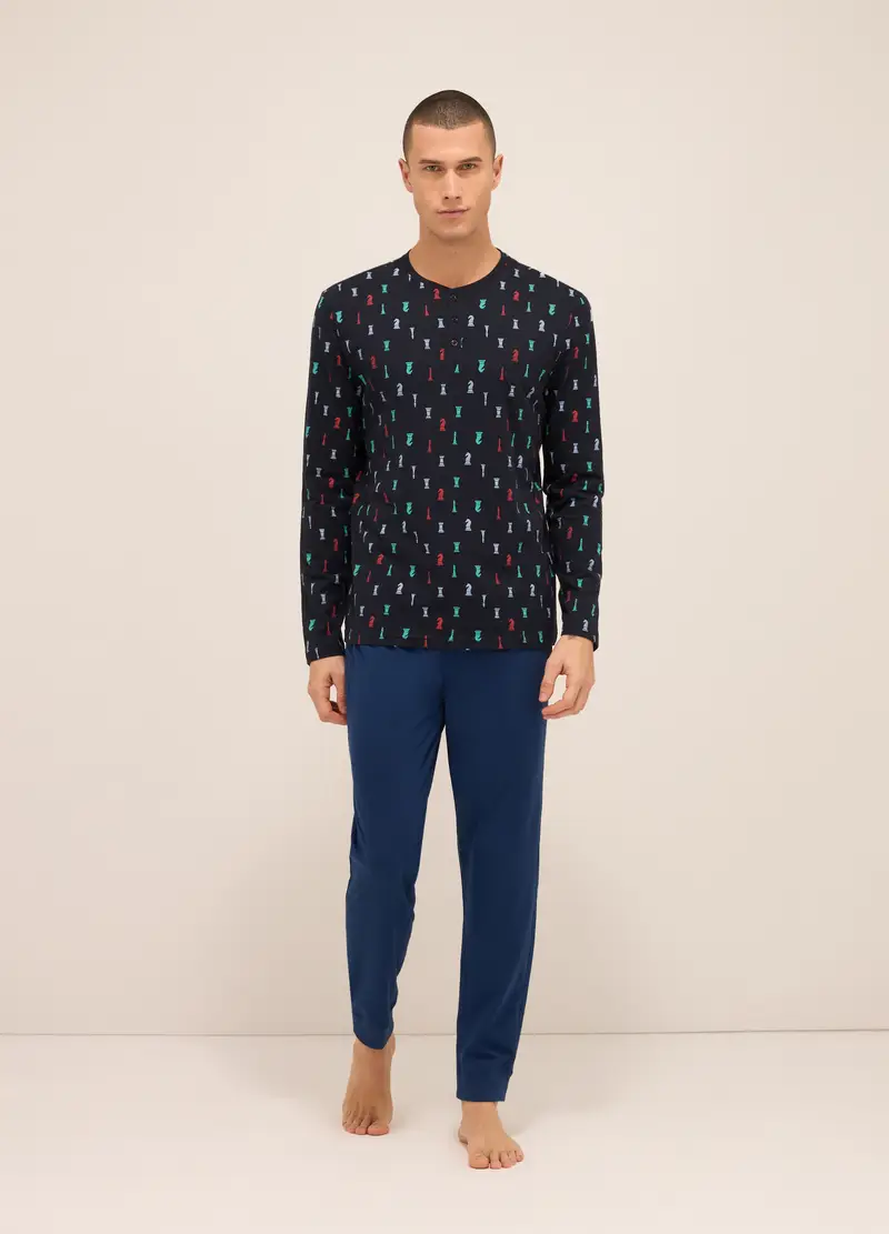 Maglia Del Pigiama A Serafino In Jersey Di Cotone Uomo, Blu scuro