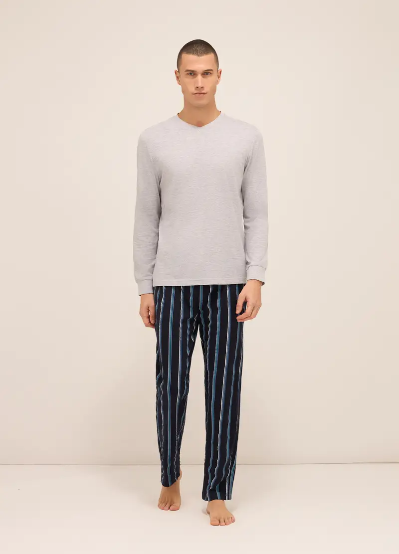 Maglia Del Pigiama Scollo A V In Puro Cotone Uomo, Grigio chiaro melange