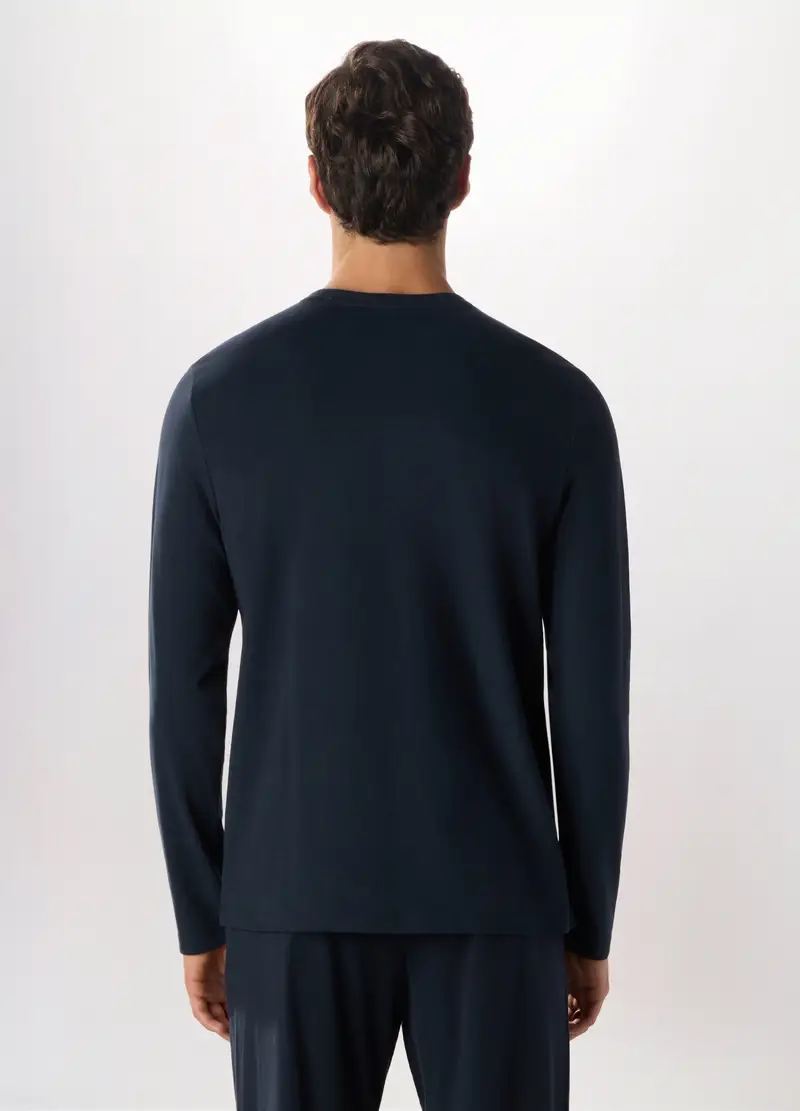Maglia Pigiama A Maniche Lunghe Con Scollo A V In Puro Cotone Uomo, Blu navy miniatura 2