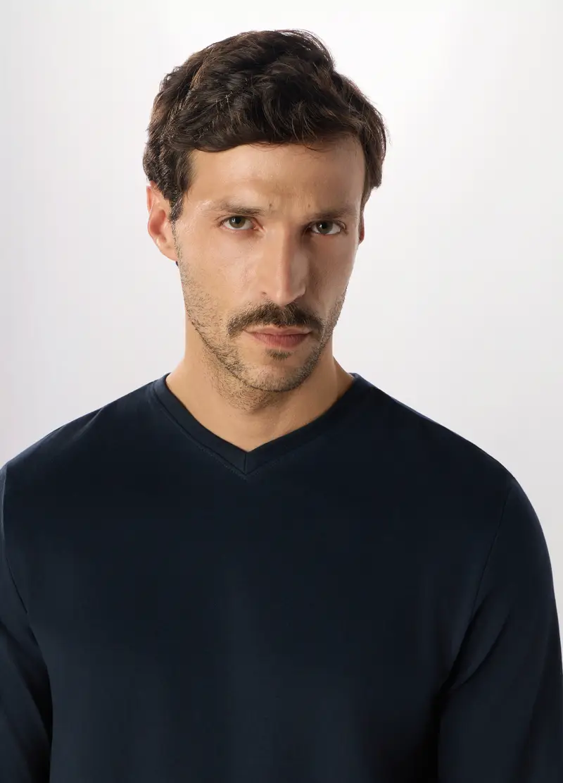 Maglia Pigiama A Maniche Lunghe Con Scollo A V In Puro Cotone Uomo, Blu navy miniatura 3