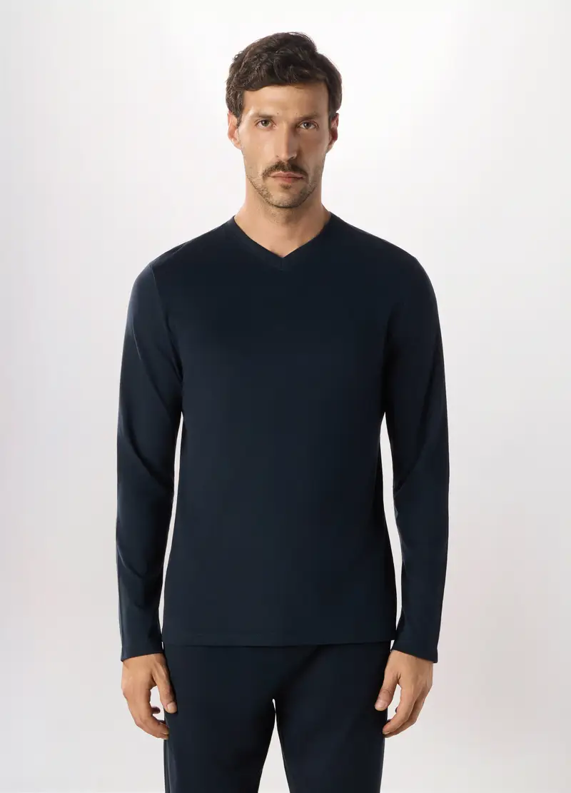 Maglia Pigiama A Maniche Lunghe Con Scollo A V In Puro Cotone Uomo, Blu navy