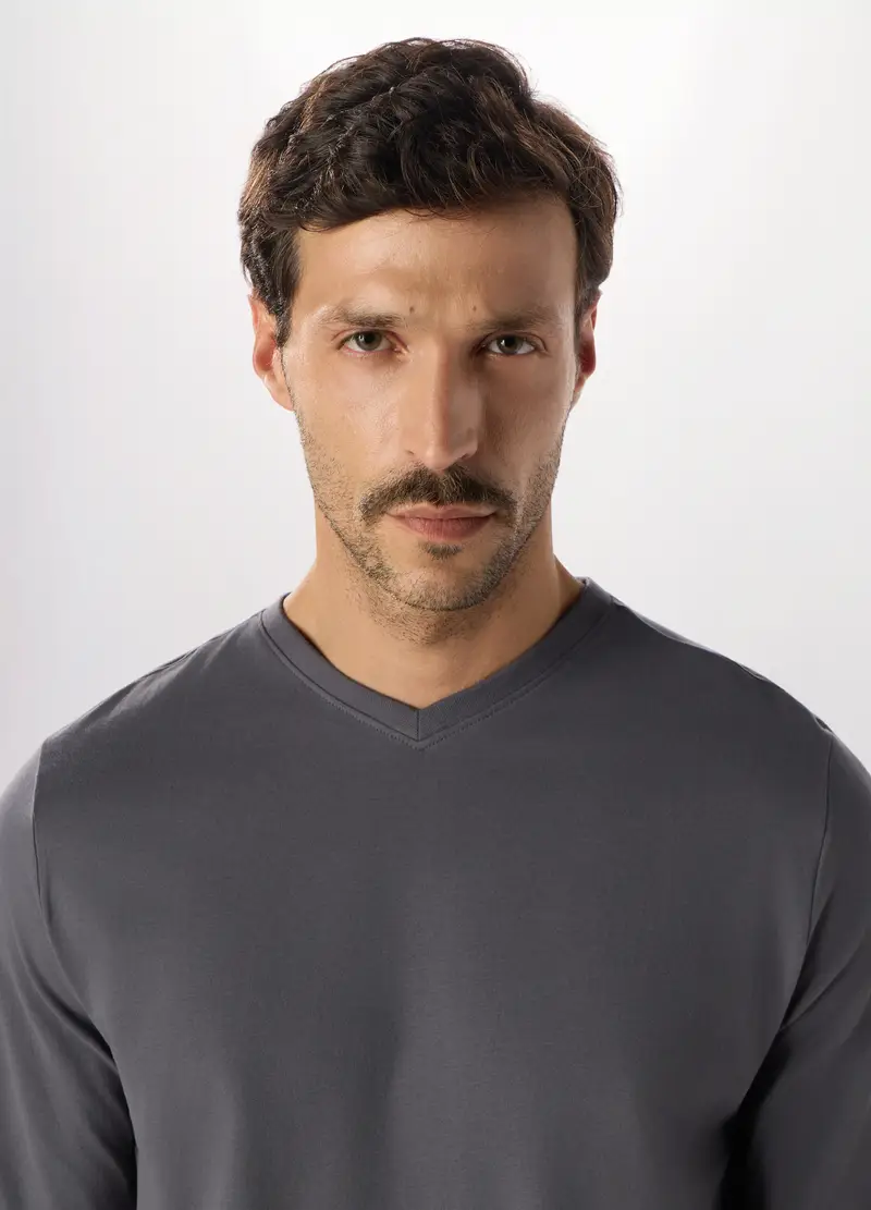 Maglia Pigiama A Maniche Lunghe Con Scollo A V In Puro Cotone Uomo, Grigio scuro miniatura 3